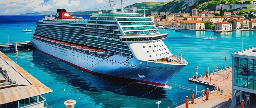 Navio de cruzeiro ancorado em porto do Mar Adriático, próximo ao centro da cidade.