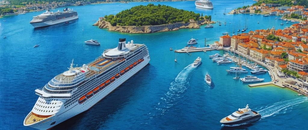 Diversos navios de cruzeiro ancorados no Mar Adriático durante a alta temporada.