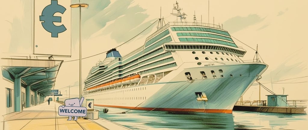 navio de cruzeiro atracado em porto do Báltico com símbolo de euro (€)