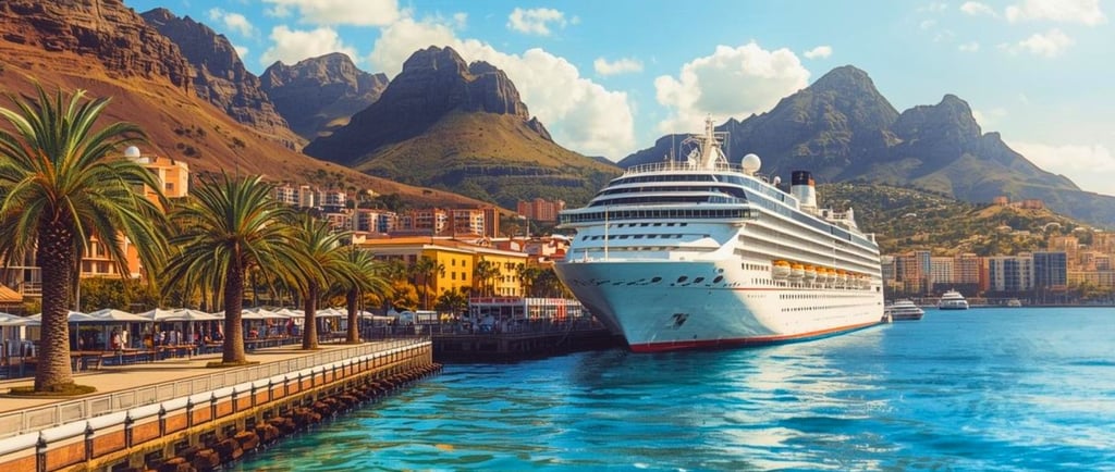 Navio de cruzeiro atracado no porto de Santa Cruz de Tenerife com cidade e montanhas ao fundo.