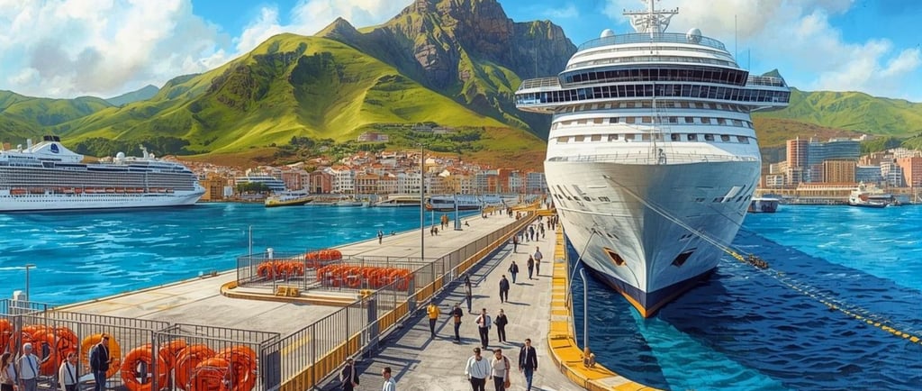 Navio de cruzeiro atracado no porto de Funchal com montanhas verdes e casas típicas ao fundo.
