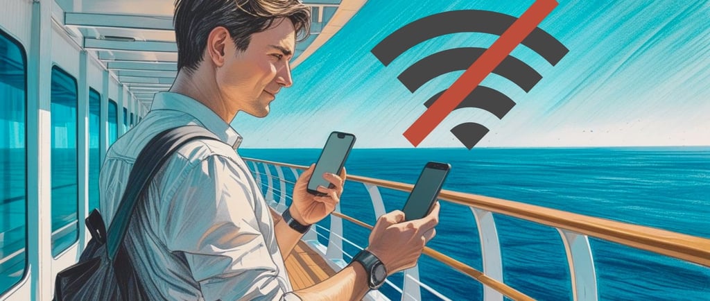 Passageiro adulto no deck de um navio segurando celular com sinal de Wi-Fi fraco, oceano ao fundo