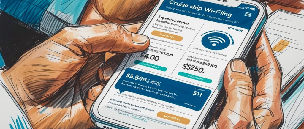 Passageiro conferindo pacotes de internet a bordo de navio no celular ou folheto, destacando preço elevado
