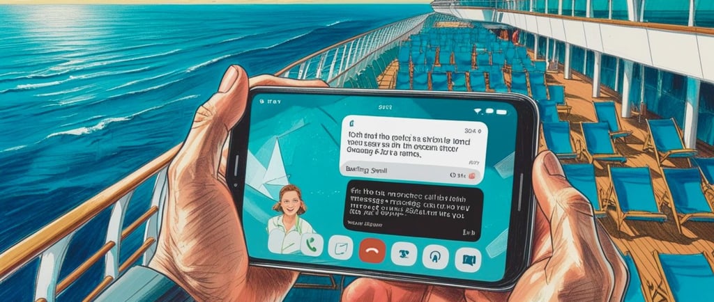 Passageiro adulto no deck com celular mostrando mensagem enviada e vídeo travado, mostrando limitações do Wi-Fi