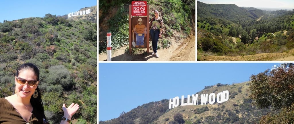 Fotos da autora no letreiro de Hollywood.