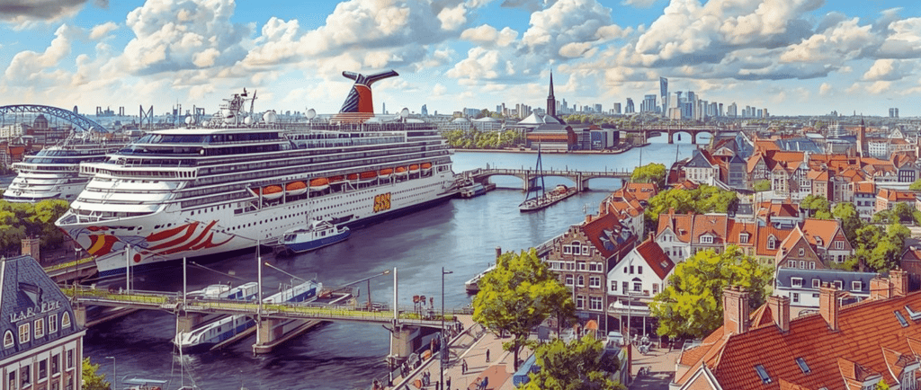 Terminal de cruzeiros de Amsterdã com vista da cidade ao fundo.
