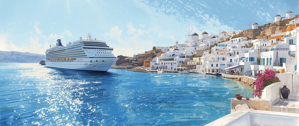 Navio de cruzeiro ancorado ao largo do porto de Mykonos, com moinhos de vento no topo da ilha ao fundo.