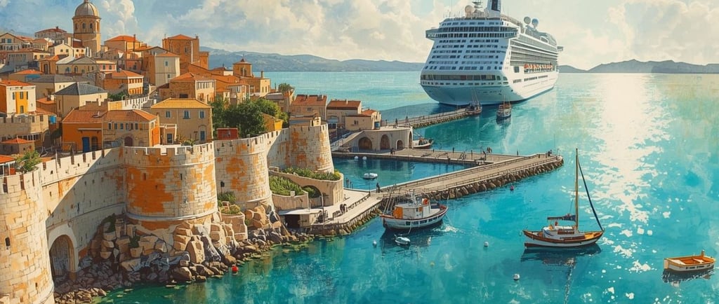 Cruzeiro no porto de Rhodes com as muralhas medievais circundando a cidade histórica.
