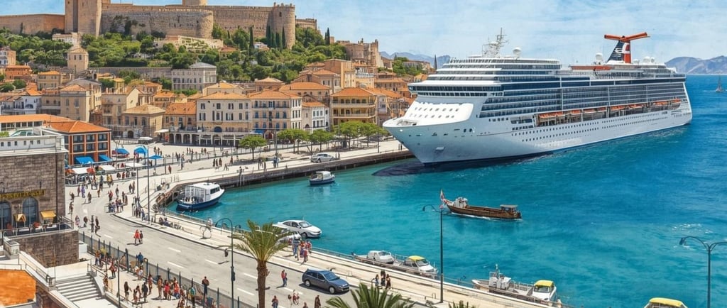 Navio de cruzeiro atracado em Heraklion, com movimentação de passageiros e portos de serviços ao fundo.
