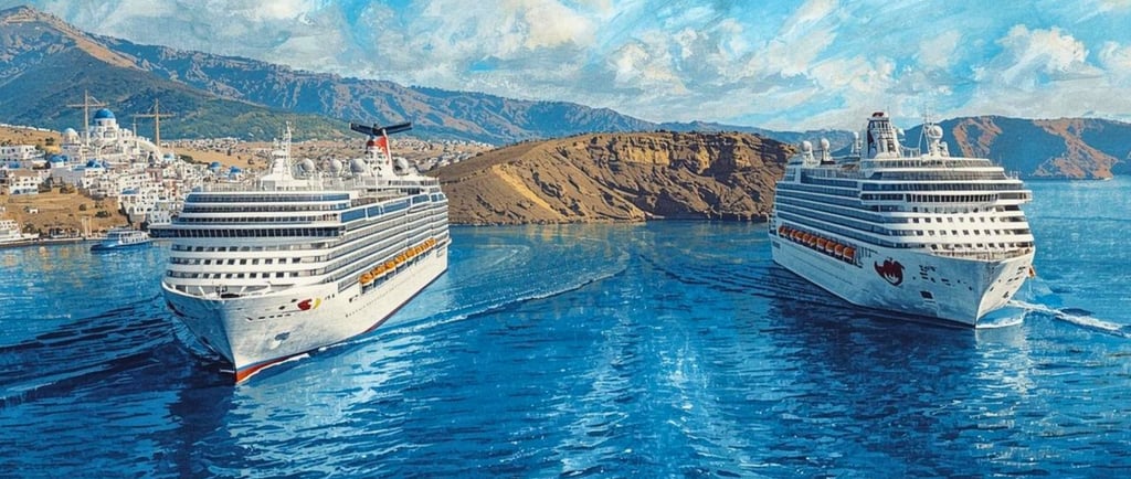 Dois navios de cruzeiro de diferentes companhias navegando nas águas azuis do Mar Egeu, com ilhas gregas ao fundo.