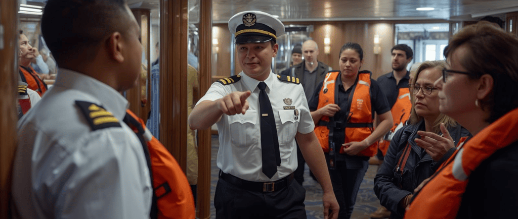 Drill em andamento com o oficial instruindo os passageiros a bordo do navio
