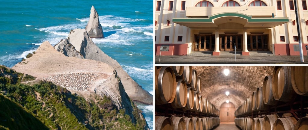 Colagem com vistas de Cape Kidnappers, ruas de Napier e arquitetura Art Déco detalhada.