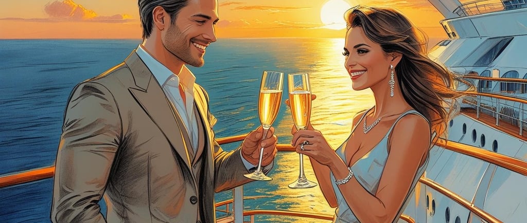 Casal brindando no deck do navio ao pôr do sol, celebrando a experiência com OBC.