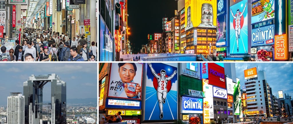 Panorama urbano de Osaka com Dotonbori, Shinsaibashi e Umeda Sky Building