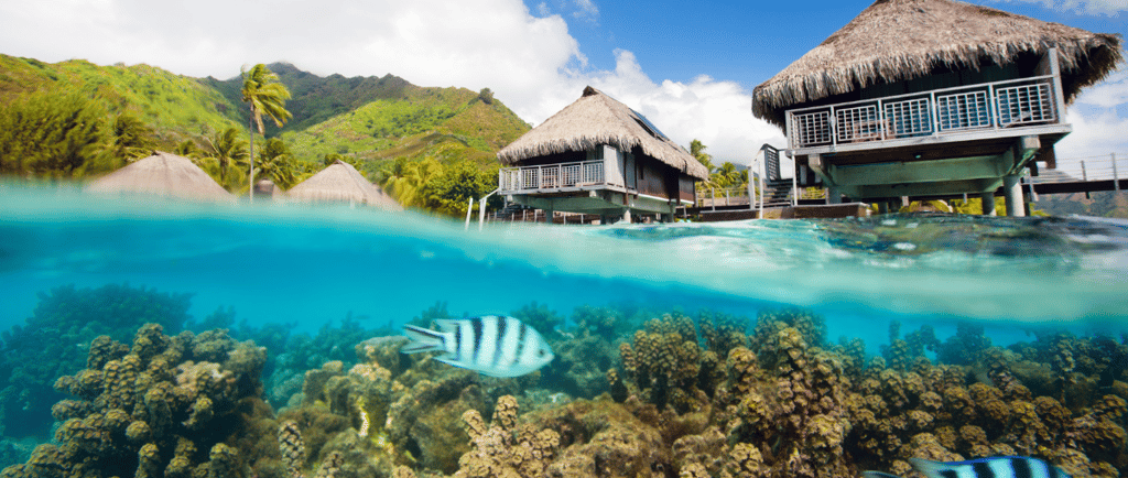 Vista panorâmica de Moorea com lagoa cristalina, recifes de corais, vida marinha e resort de luxo ao fundo