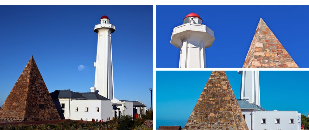 Donkin Reserve em Port Elizabeth (Nelson Mandela Bay), com a pirâmide de pedra memorial e o farol histórico ao fundo