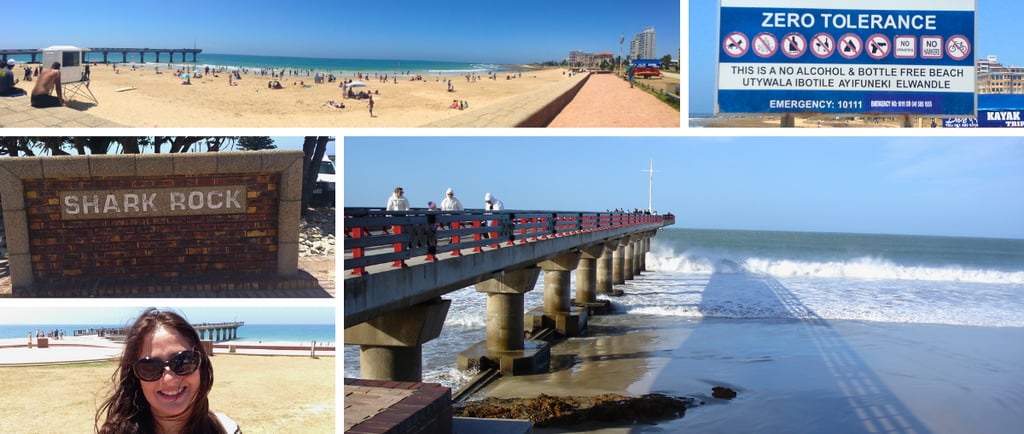 Autora na praia de Shark Rock em Port Elizabeth (Nelson Mandela Bay), aproveitando a orla e a paisagem costeira