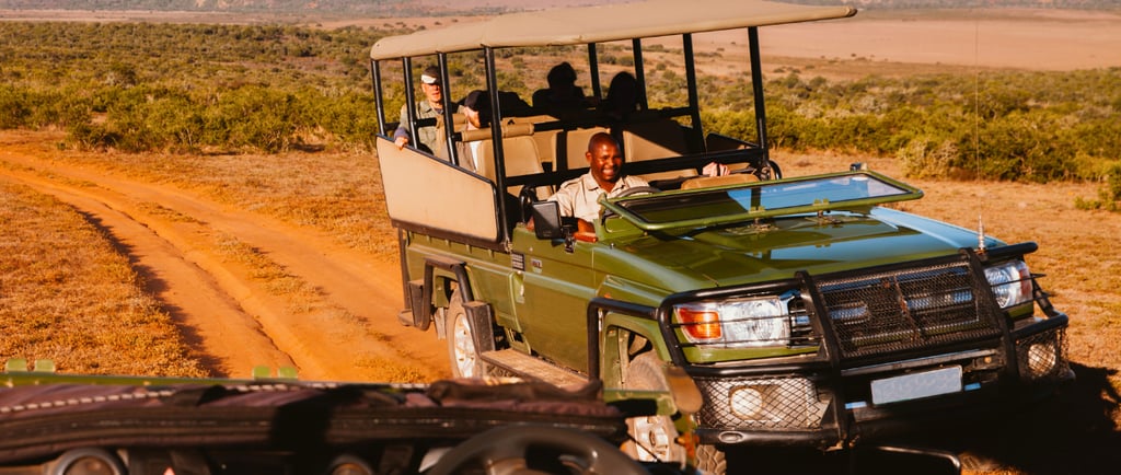 Jeeps em tour de safári no Addo Elephant Park, em Port Elizabeth (Nelson Mandela Bay), com destaque para regras de segurança