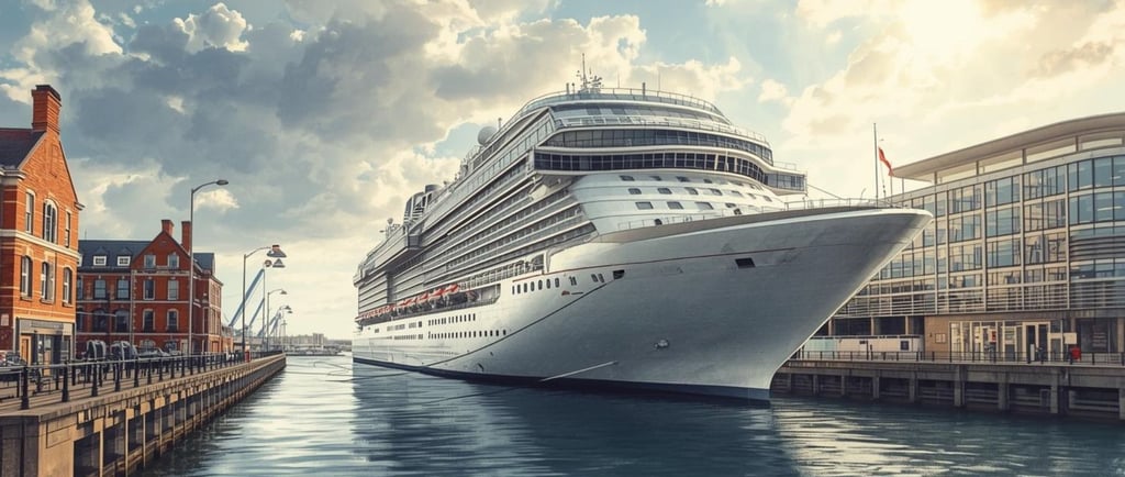 Imagem gerada por IA mostrando um navio de cruzeiro atracado no porto de Southampton