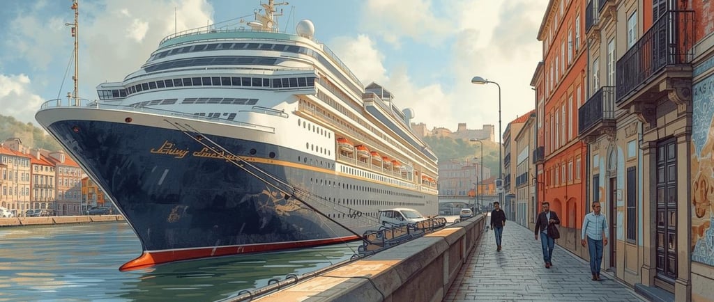 imagem gerada por IA do porto da cidade do Porto, com navio de cruzeiro e cais ao fundo