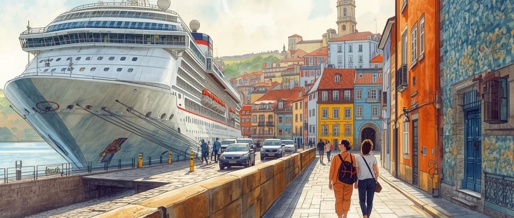 Imagem gerada por IA mostrando passageiros caminhando próximo a um navio no porto do Porto