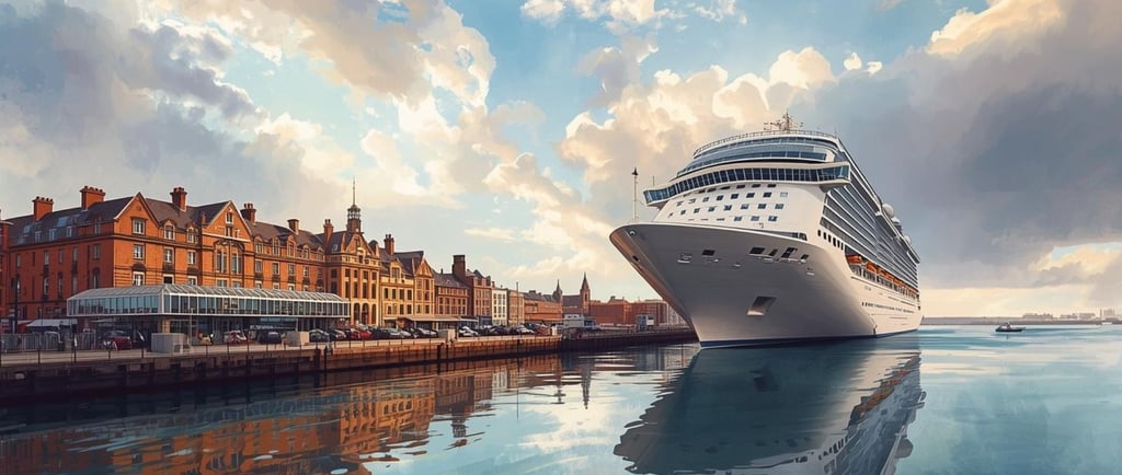 Imagem gerada por IA mostrando um navio de cruzeiro atracado no porto de Southampton.
