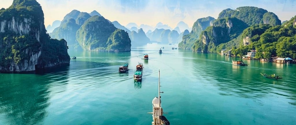 Navio de cruzeiro deslizando entre formações cársticas na Baía de Halong, Vietnã.