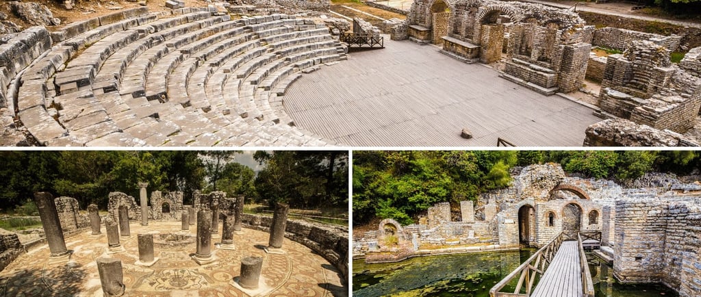 Montagem com três fotos destacando os pontos imperdíveis do sítio arqueológico de Butrint.