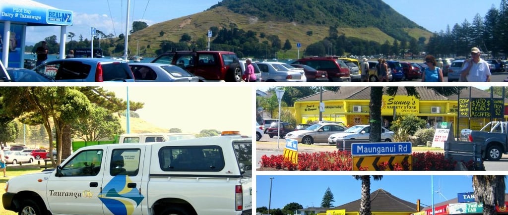 Set de fotos mostrando diferentes partes da cidade de Tauranga, incluindo ruas e paisagens.