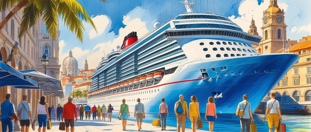 Turistas passeando no porto enquanto o navio permanece atracado