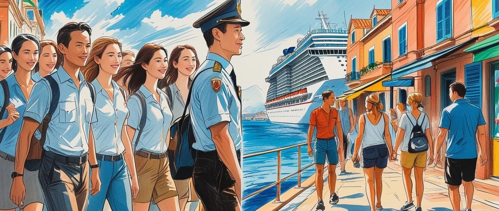 Excursão de cruzeiro começando com passageiros desembarcando no tempo certo