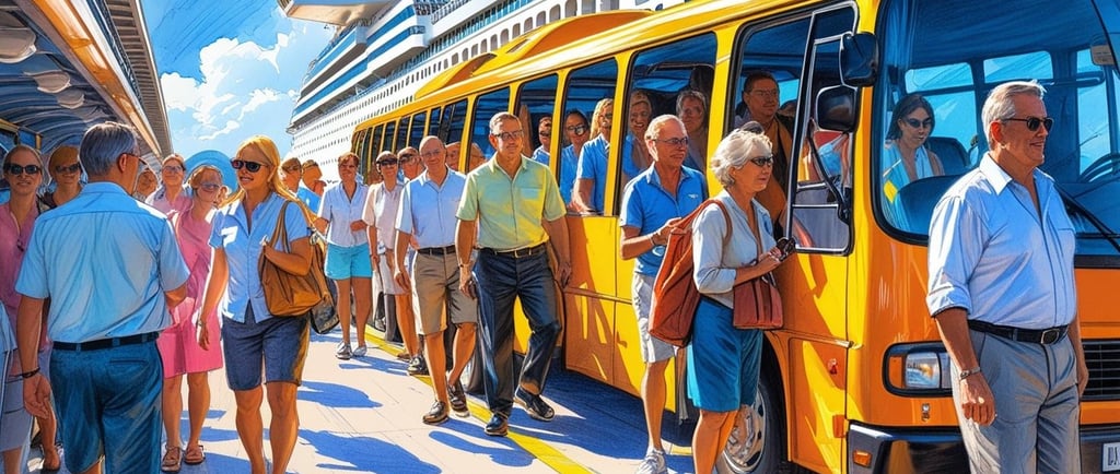 Turistas caminhando no cais em frente ao navio de cruzeiro antes da excursão
