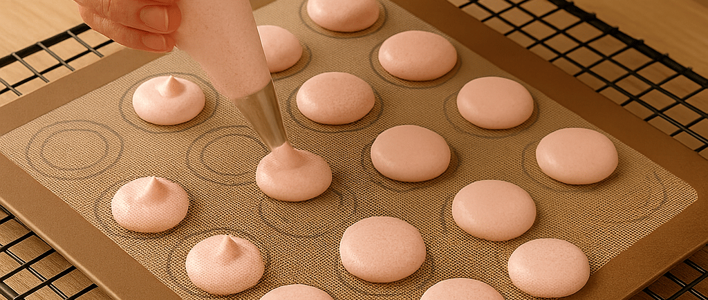 a person is using a pastrying pan with pink icing, making macarons