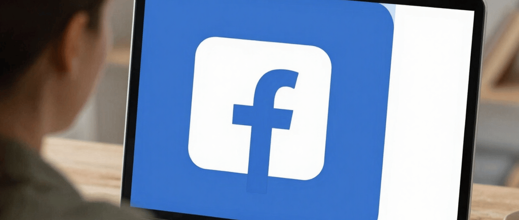 A person using a laptop computer to access the Facebook social media app for digital marketing.