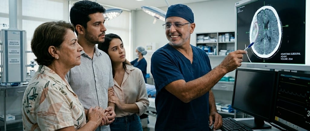 Médico neurocirurgião em Fortaleza analisando tomografia de crânio com hematoma subdural e orientand