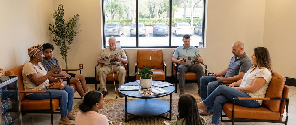 Patients seated in the Charis Neurology waiting room, relaxing in a bright, comfortable lobby before their appointments.