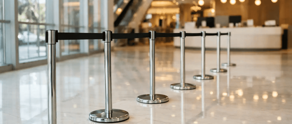 Chrome belt stanchions forming an organized queue lane inside a modern Philippine mall lobby with po