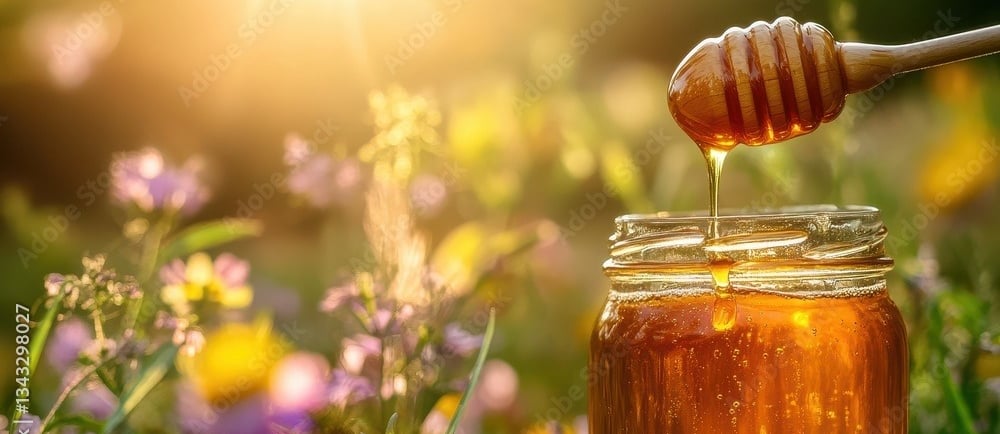 Golden organic honey drips into jar with wildflowers under sunset, pure natural Iranian honey scene.