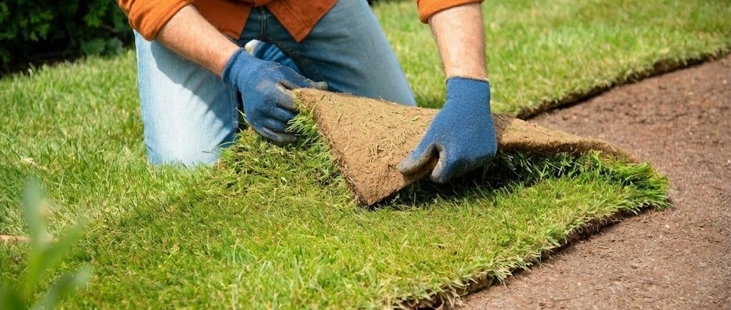 Professional landscaper installing fresh green sod rolls for a new lawn installation. in montreal