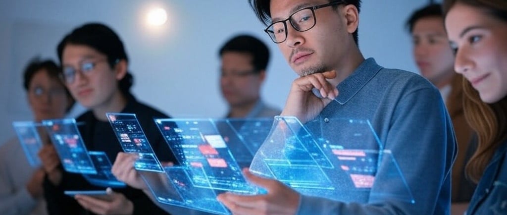a man and woman looking at a digital display of a futuristic interface