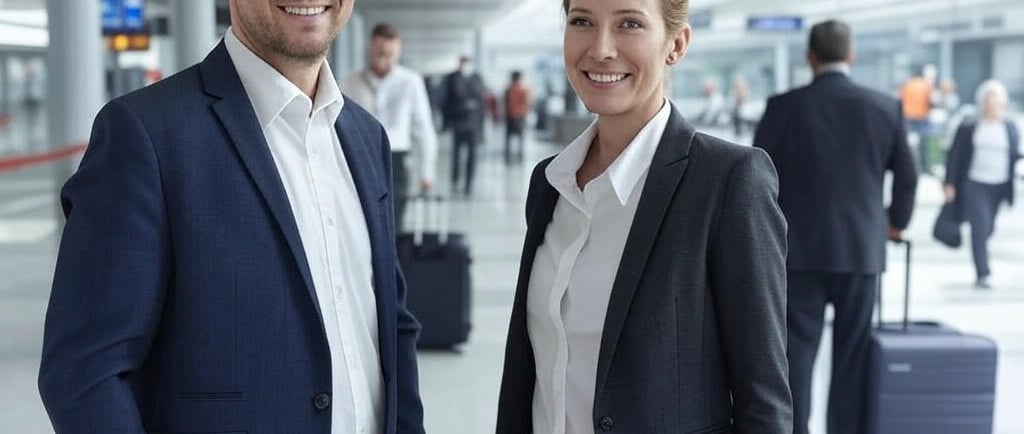 Smiling couple ready to board an affordable international flight.