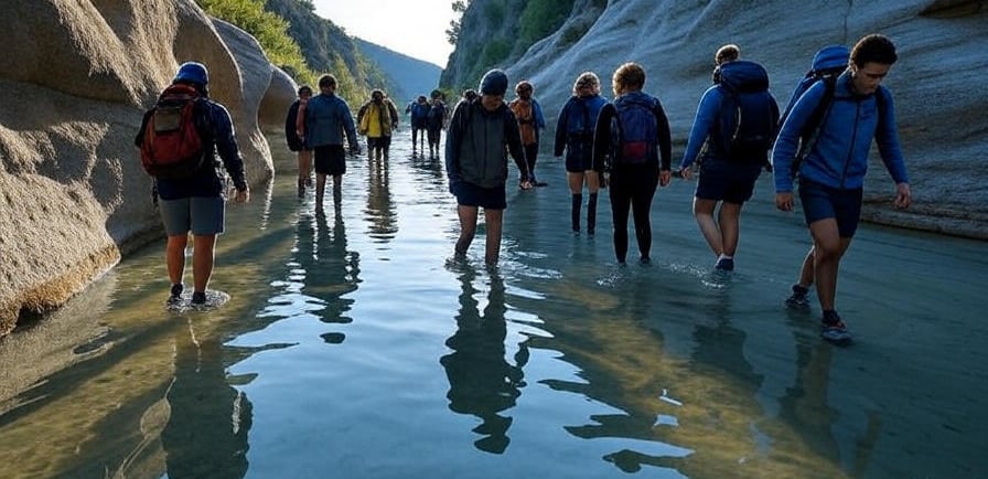 Group hiking through a secluded natural canyon with water.