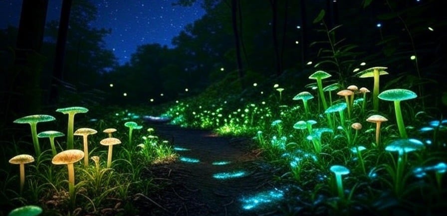 Trail in a bioluminescent forest glowing with natural light.