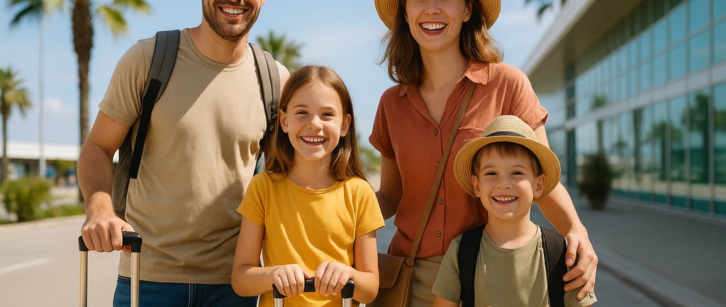 Smiling family traveling in a sunny destination in 2025.