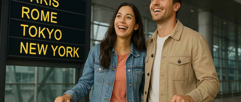 Happy couple at the airport ready to board thanks to cheap flights.