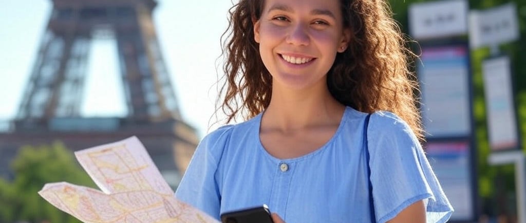 Cheerful traveler with a map and smartphone in front of the Eiffel Tower, under sunny weather, with floating tickets and attr