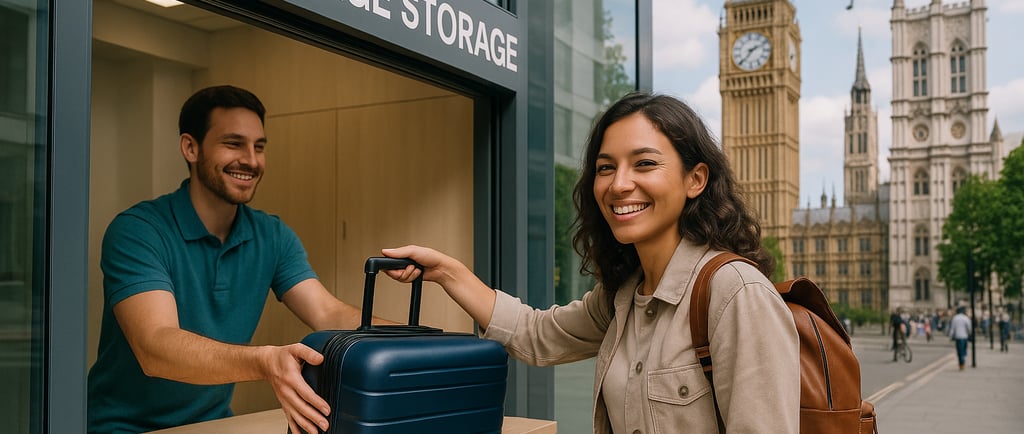 Traveler leaving suitcase at a modern city-center luggage storage spot.