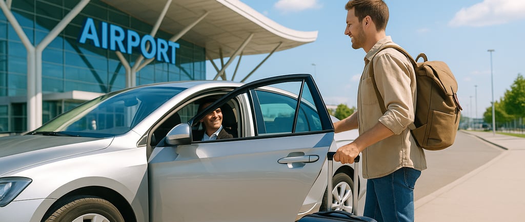 A smiling traveler boards a transfer car in front of a modern airport under a clear blue sky, holding a suitcase, conveying c