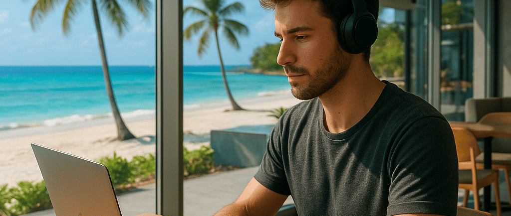 Digital nomad working by the sea with a laptop in 2025.