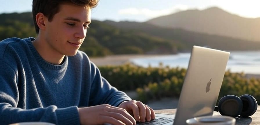 Young digital nomad working remotely in a scenic travel spot.